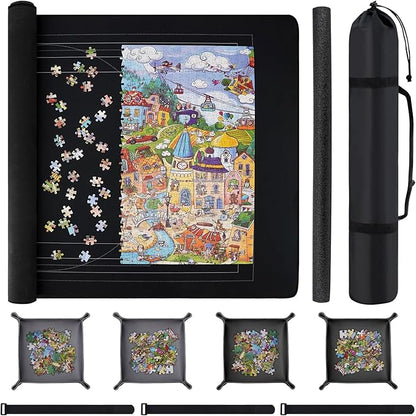 Puzzle Mat Roll Up with Drawstring Storage Bag, Portable Saver Pad 46” x 26” Up to 1500 Pieces with Non-Slip Rubber Bottom & Smooth Top + 4 Puzzle Sorting Trays & Travel-Friendly Storage Bag