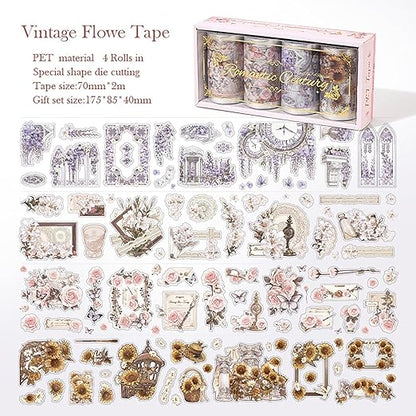 4 Rolls Pre-Cut pet Flower Tape Stickers Flower Vintage Stickers Decorative Tape Aesthetic Stickers for Journaling, Scrapbook Supplies