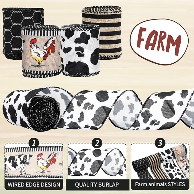 Farmhouse Animal Wired Edge Ribbons Cow Chick Pig Stripe Chicken Wire Decorative Fabric Wrapping Ribbons for DIY Crafts Wreath Bow Making Supplies, 4 Rolls, 24 Yard
