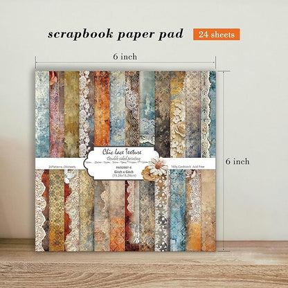 6'' Vintage Lace Scrapbook Paper Pad - 24 Sheets Double Sided Origami Cards for Junk Journal Collage Supplies Cards Decor Gifts Crafts DIY Wrapping Decorative Folded Photo Album