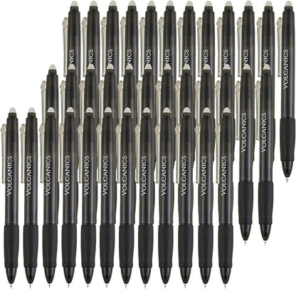 Volcanics Retractable Clicker Erasable Gel Pens - 0.7mm Ball Point, Heat Erase with Built-in Eraser, 36 Pack Black