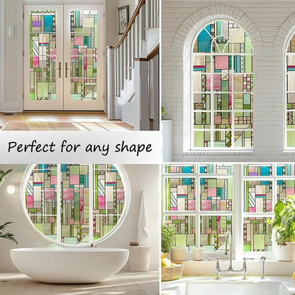 3D Stained Glass Window Privacy Film, Heat Control UV Blocking Static Cling Decorative Window Film for Bathroom,Front Door,Home Non Adhesive 16.9 x 39.3 inches Colorful Abstraction