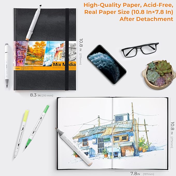 Ohuhu Mix Media Pad - 10.8"x8.3" Mixed Media Art Sketchbook, 120 llb/200 GSM Heavyweight Papers, 78 Sheets/156 Pages, PU Hardcover Mixed Media Paper Pad for Acrylic Painting Christmas Gift