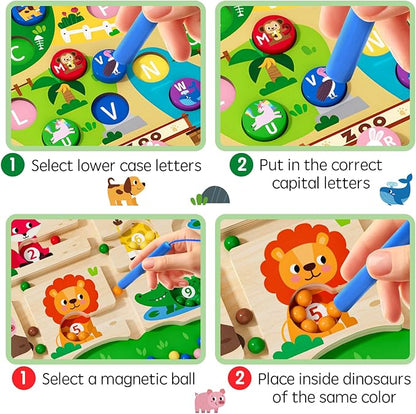 2 in 1 Magnetic Color and Number Maze Magnet Alphabet Counting Double Sided Board Wood Puzzle Fine Motor Skills Montessori Preschool Toys Gifts for Boys and Girls 3-5 Age (Zoo, One Size)