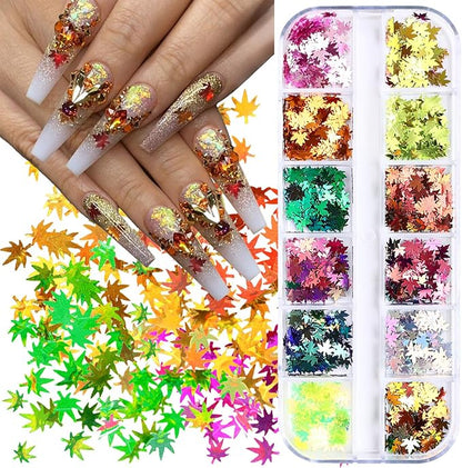 Thanksgiving Glitter Maple Leaf Nail Sequins Holographic Laser Mixed Color Fall Nail Flakes Design Nail Charms 3D Confetti Nail Art Stickers Maple Leaves Nail Glitter Sequins for Women