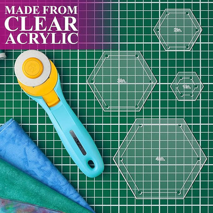 Hexagon Quilting Template Set - 4", 3", 2", 1" Sizes with 1/4" Seam Allowance - Durable Acrylic Templates for Quilting, Patchwork, Crafting, & Sewing Projects - Clear Templates for Accuracy
