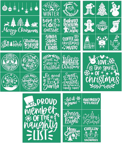 JAJADO Self Adhesive Christmas Silk Screen Stencils 9 Pcs, Winter Holiday Xmas Screen Print Transfers Chalk Mesh Stencils for Painting on Wood, Fabric, Glass, Pillow, Card, DIY Christmas Decoratio