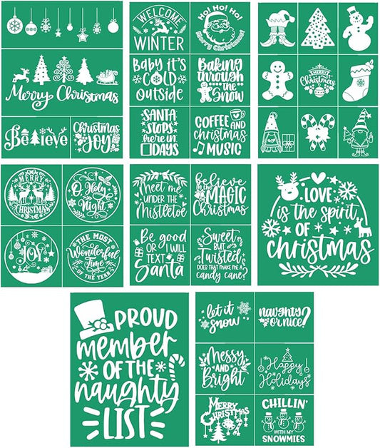 JAJADO Self Adhesive Christmas Silk Screen Stencils 9 Pcs, Winter Holiday Xmas Screen Print Transfers Chalk Mesh Stencils for Painting on Wood, Fabric, Glass, Pillow, Card, DIY Christmas Decoratio