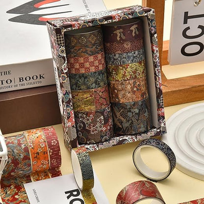 12 Rolls Kyoto Charm Washi Tape Set Japanese Arts Adhesive Tapes Geometric Garden Decorative Masking Tape Sets for Craft, Kids, Scrapbook, DIY, Gift Wrapping (Crimson Fields)