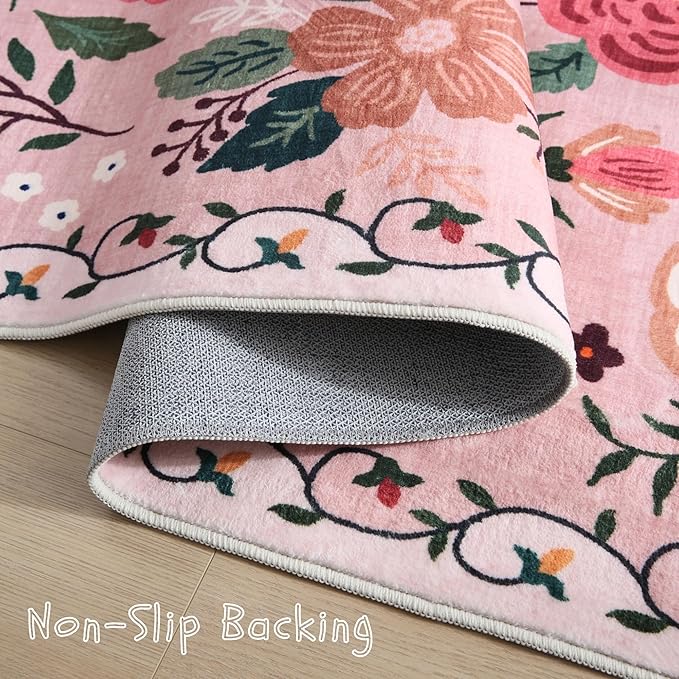 Rugcomf Area Rug 4x6 Rug Washable Boho Rugs Non Slip Low Pile Floral Small Carpet for Bedroom, Bedside, Kids Room, Office, Dining Room(Pink)