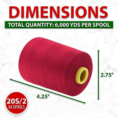 Mandala Crafts 4 Pack of Serger Threads Cones Spools - 20S/2 24000 Yards Polyester Cranberry Threads for Sergers Machine and Overlock Quilting Sewing Machine