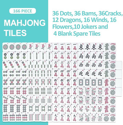 American Mahjong Game Set, 166 Light Green Tiles, Blue Bag with Entire Accessories, 4 All-in-One Rack/Pushers, Mahjong Tiles Set
