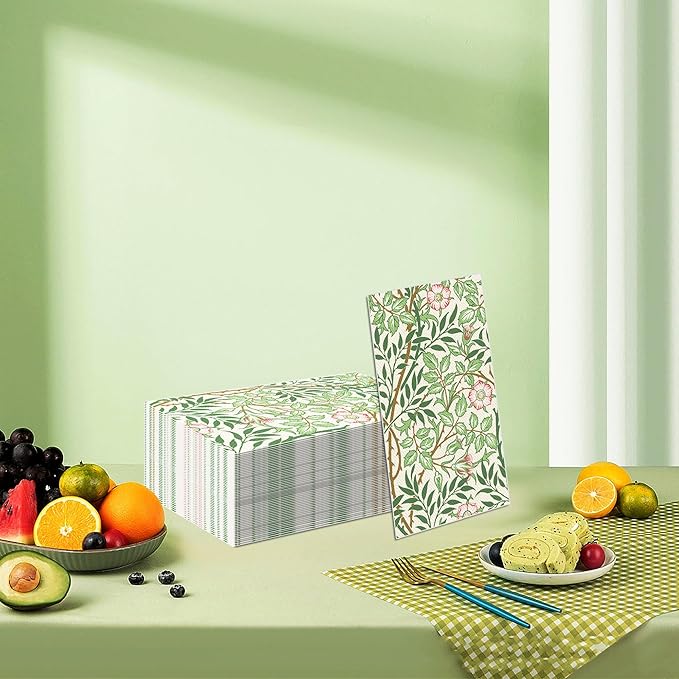 80PCS William Morris Paper Napkins, Greenery Floral Guest Disposable Napkins – Golden Lily & White Green Wildflowers Design Dinner Hand Napkins for Wedding, Bridal Shower,Vintage Floral Table Supplies