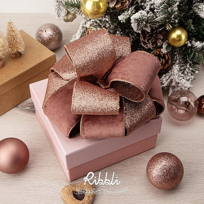 Ribbli Rose Gold Velvet Wired Ribbon 2.5 Inch Dusty Rose Velvet with Rose Gold Glitter Christmas Ribbon for Christmas Tree Decoration Big Bow Gift Wrapping Crafts Wreaths Supplies- 10 Yards