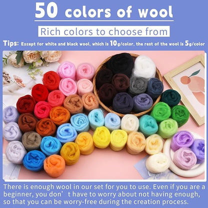 IMZAY 50 Colors Needle Felting Wool, 5g/Pack Wool Roving Yarn, 9.2 Oz Fiber Wool Roving for DIY Hand Spinning, Felting Crafts, Needle Felt Roving DIY Craft, Black/White 10g Each