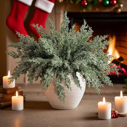 10 Packs 16.5" Artificial Christmas Snow Pine Branches, Snow Flocked Faux Greenery Norfolk Pine Sprigs Cypress Stems, White Frosted Fake Foliage Pine Needle Picks for DIY Craft Garland Home Decor