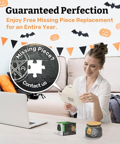 PieceRelax 3D Puzzle Jar 64 Plastic Pieces for Adults - Witches Brew - Wooden Lid Container for Kitchen Dining Study Living Room No Glue Requied Small [BC1022]
