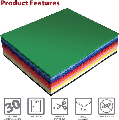 Better Office Products 30 Pack EVA Foam Sheets, 9 x 12 Inch, Assorted Colors (10 Colors), 2mm Thick, for Arts and Crafts, 30 Sheets