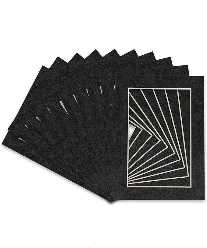 Pack of 25 Acid Free 8x10 Mats Bevel Cut for 6x8 Photos - Dark Grey Suede Precut Matboards With Backing Boards and Clear Photo Mat Bags For Pictures, Photos, Framing - 4-ply Thickness