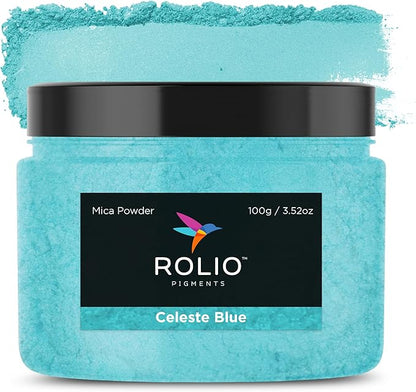 Rolio Premium Blue Mica Powder - Celeste Blue (100G / 3.5 oz) - 1 Jar of Pigment Powder for Epoxy Resin, Dye, Soap Making, Nail Polish, Paint, Candle Making, Bath Bombs, Slime