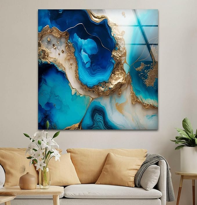 My Photostation.com 60WX40H'' Blue Alcohol ink Glass Wall ArtTempered Glass Printing Wall Decor Large Wall Art Wall Hangings