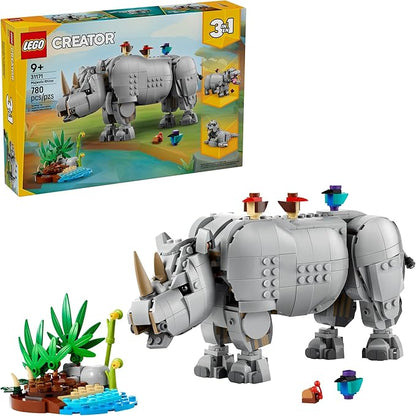 LEGO Creator 3 in 1 Wild Animals: Majestic Rhino with Birds Pretend Play Toy for Kids - Safari Toy Building Set for Girls & Boys, Ages 9+ - Build 3 Animals in 1 Kit - Gift for Birthdays - 31171