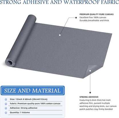 KING MOUNTAIN Canvas Iron on Patch,12"×60",Waterproof 100% Cotton Fabric Repair Patch,Used for Various Sofa,Tent,Clothes,Seats,Suitcases (Grey1.0,Waterproof)