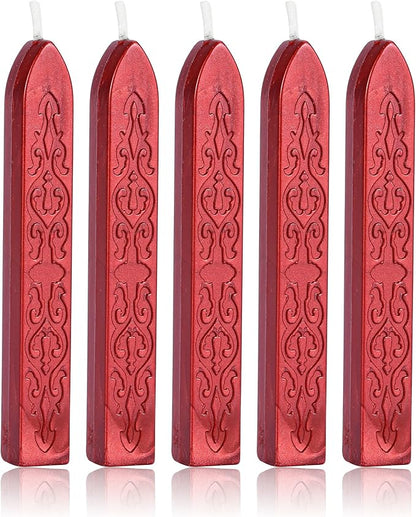Yoption 5Pcs Sealing Wax Sticks, Vintage Totem Fire Manuscript Flashing Wine Red Wax Seal Sticks with Wicks, Sealing Wax for Wax Seal Stamp