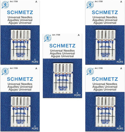 SCHMETZ Universal Sewing Machine Needles - Size 80/12, 5-Needle Cards, Pack of 5