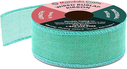 Mandala Crafts Turquoise Burlap Wired Ribbon 1.5 Inches Wide Jute Ribbons for Crafts - 10 Yds Roll Rustic Burlap Wrap Trim Ribbons for Wreaths Bows Party Decoration
