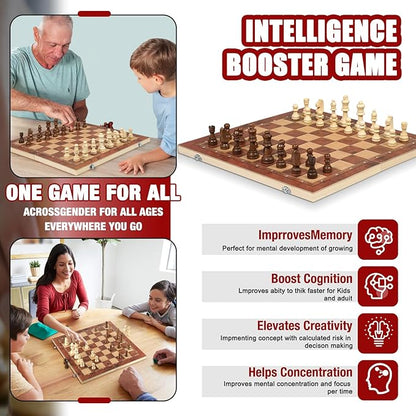 Chess Checkers Backgammon 3-in-1 Board Games Sets, Wooden Chess Set for Adults & Kids, 17.2" Lightweight Checkers Board Game,Strategy Backgammon Sets for Adults, Travel Chess Board Game Pieces Storage