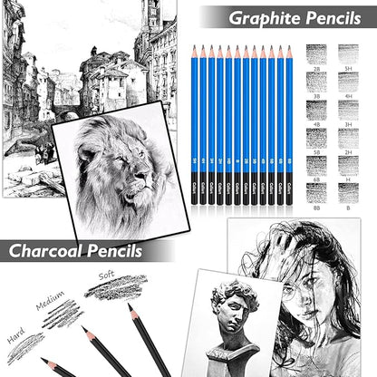Caliart 176PCS Art Supplies Sketching Kit with 100 Sheets 3-Color Sketch Book, Graphite Colored Charcoal Watercolor & Metallic Pencils, Drawing Supplies Christmas Gifts for Artists Adults Beginners