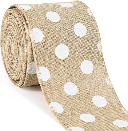 Burlap Ribbon Wired, Farmhouse Rustic White Dots Ribbon for Gifts Wrapping DIY Crafts Floral Bows Wreath Making Party Supplies Holiday Home Decoration, 2.5 Inch x 10 Yards