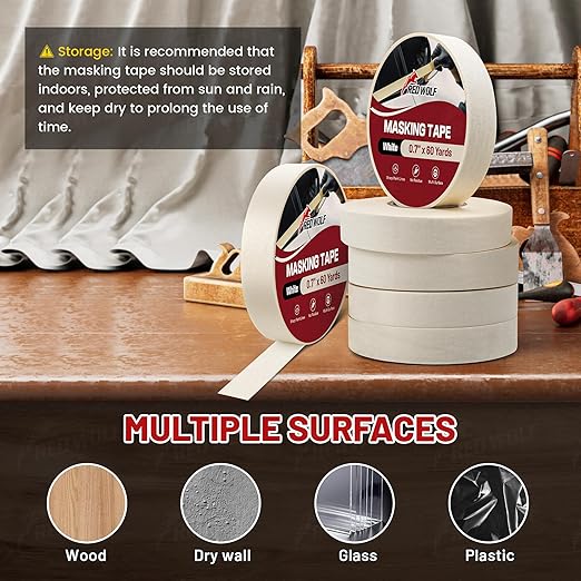 RED WOLF 1.41" x 60 Yards Masking Tape 6 Pack, General Purpose for Painting Arts Crafts Label Car Painting, Sharp Paint Line No Residue Painters Tape White Beige Crepe Paper Tape Heat Resistance