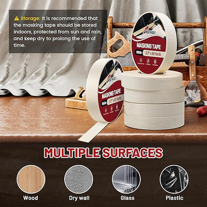 RED WOLF 1.41" x 60 Yards Masking Tape 3 Pack, General Purpose for Painting Arts Crafts Label Car Painting, Sharp Paint Line No Residue Painters Tape White Beige Crepe Paper Tape Heat Resistance