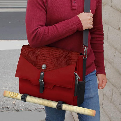 ENHANCE Collector's Edition RPG Player's Essentials DnD Bag - Dragon Hide Exterior Messenger Bag Fits 2-4 Books, Binders, Dice & Accessories, with 17 inch Laptop Slot, Battlemap Straps (Dragon Red)