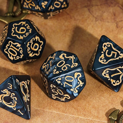 7-Die DND Dice Set Dragon Pattern Polyhedral Die with Leather Bag D&D Dice Set for RPG Table Games (Black W/Gold Dragon Pattern)