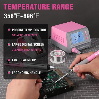 WORKPRO Soldering Station, 60W Soldering Iron Kit Digital Display, 5 Extra Iron Tips, Precision Temperature Control Solder Station for Electronic Repair, DIY Enthusiasts - Pink Ribbon