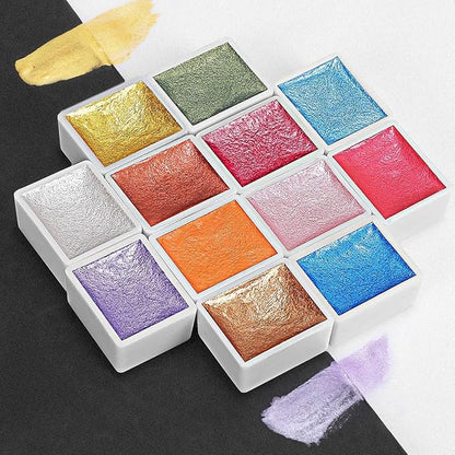 Emooqi Watercolor Paints Set, Metallic Glitter Watercolour Solid Paint Include 12 Metallic Glitter Color 2 Water Brushes 2 Color Card Storage Bag, Ideal for Illustrations Painting.