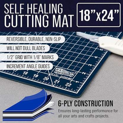 U.S. Art Supply 18" x 24" Self-Healing Cutting Mat 5-Ply - Double-Sided White/Blue Craft Mat, Non-Slip Cutting Mats for Crafts, Sewing, Quilting, Scrapbooking