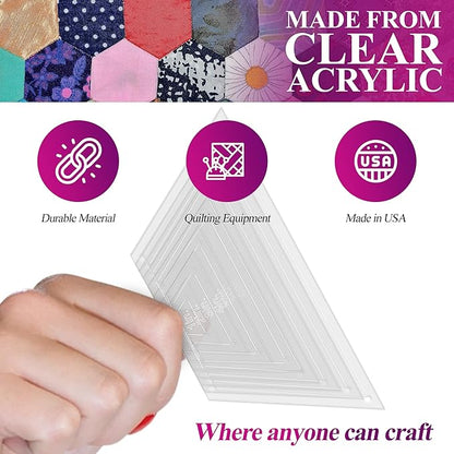 Hexagon Quilting Template Set - 8", 7", 6", 5", 4", 3", 2", 1" Sizes with 1/4" Seam Allowance - Durable Acrylic Templates for Quilting, Patchwork, Crafting, & Sewing Projects