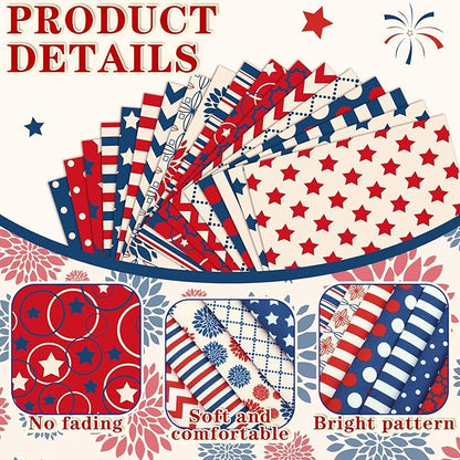 Ganeen 60 Pcs 10 x 10 Inch Vintage Patriotic Quilting Fabric Squares Red Blue White Fabric Bundle Retro 4th of July Fat Patchwork Precut Stripes for Memorial Day Handmade Material Sewing DIY Crafts