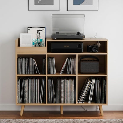 Cozy Castle Large Record Player Stand, Vinyl Storage Cabinet Mid Century Modern Turntable Stand Media Console Table Open Shelf Cube CD Album Holder Organizer for Living Room, Office, Oak