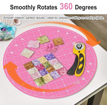 Headley Tools 13"x13" Round Rotating Cutting Mat, Self Healing Mat with 360-Degree Rotation & Anti-Slip Base, Sewing Board Cutting Mat Perfect for Fabric Quilting Leather Hobby Project, Pink