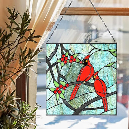 PA0008 Cardinal Stained Glass Window Panel- Tiffany Style Window Hanging- Red Bird Ornaments -12" Wx12 H Suncatcher- Wall Decorations for Home Office