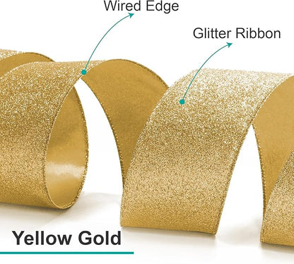 CT CRAFT LLC Glitter Wired Ribbon 1.5" x 10 Yards Yellow Gold for Christmas Home Decor Bow Gift Wrapping DIY Crafts Wreath