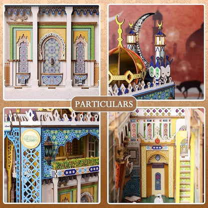 DIY Book Nook Kit, 3D Wooden Puzzle Mosque Miniature Booknook Bookend Bookshelf Decor with LED Light, The Tiny House for Adults Teen, Dollhouse Kit (Mosque)