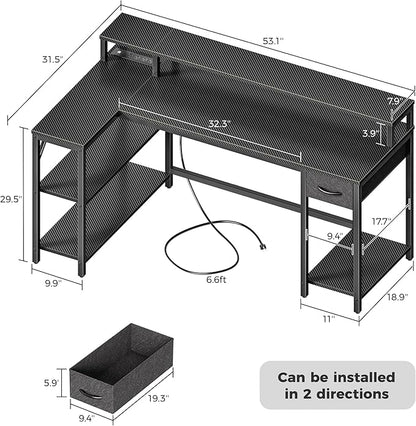 SUPERJARE 53 inch Reversible L Shaped Desk with LED Lights & Power Outlets, Computer Desk with Shelves & Monitor Stand, Gaming Desk with Drawer, Home Office Desk Corner Desk, Carbon Fiber Black