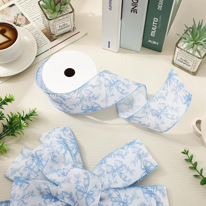 Blue Floral Bow Wired Edge Ribbon Chinoiserie Flower Bowknot Fabric Ribbon for DIY Crafts Wreath Bow Making Supplies, 12 Yard