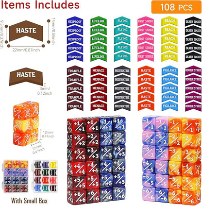 SIXPOINTS 108PCS 12mm MTG Counter Dice +1/+1 Tokens 6 Sided Dice & MTG Keyword Counters Tokens Set for Magic The Gathering, MTG, TCG, Card Games Accessories (4 Color Dices#E + MTG Keyword Counters)
